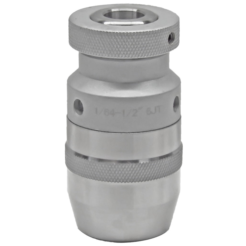 High precision JT keyless drill chucks for industrial use, offering 10,000 RPM, nickel coating, self-tightening, and heat-treated construction for durability and accuracy.