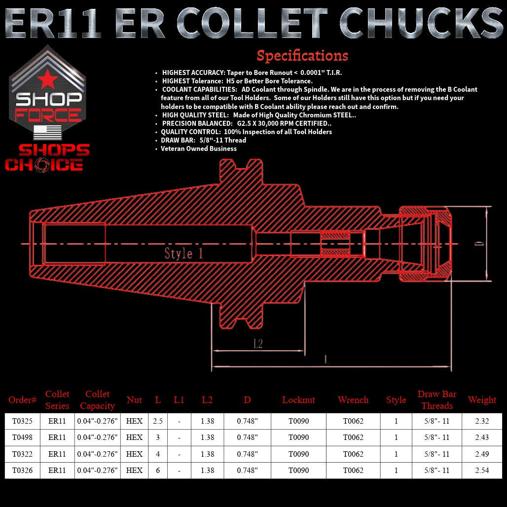 ER 11 CAT40 COLLET CHUCK X 3"  G2.5 X 30,000 RPM (0.0001 T.I.R.) With Hex Nut Shop'sChoice™