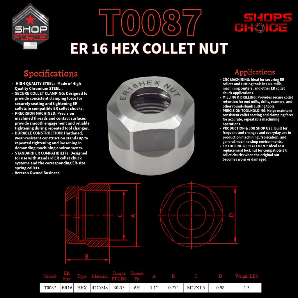 ER16 HEX LOCK NUT FOR ER COLLET CHUCK