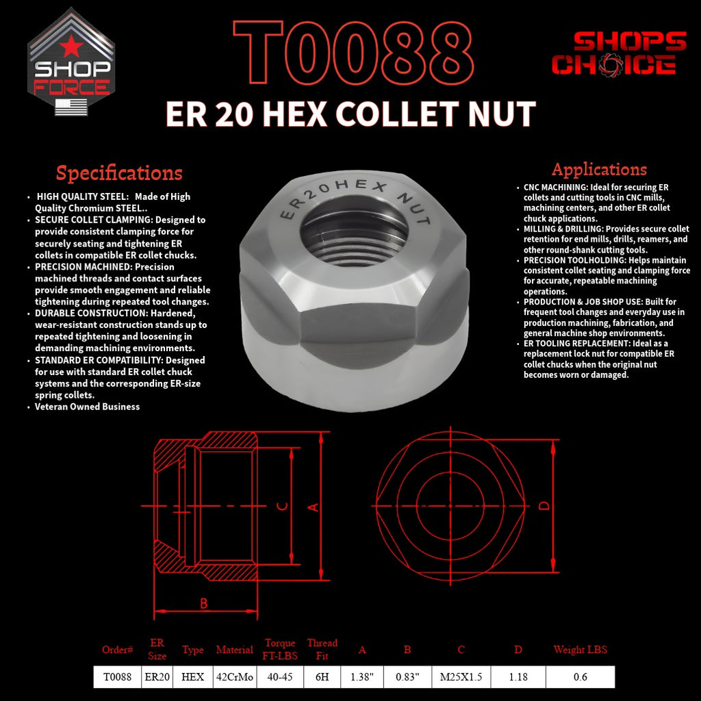 ER20 HEX LOCK NUT FOR ER COLLET CHUCK