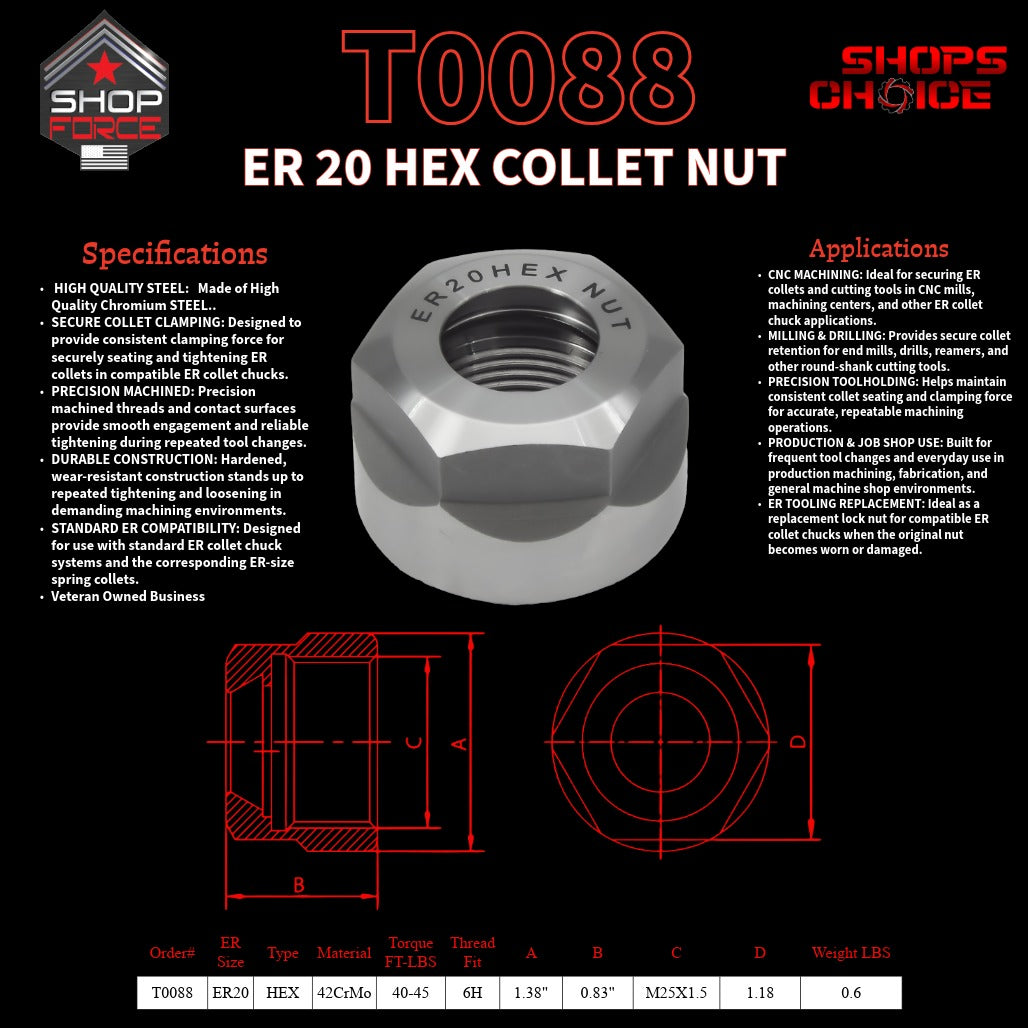 ER20 HEX LOCK NUT FOR ER COLLET CHUCK