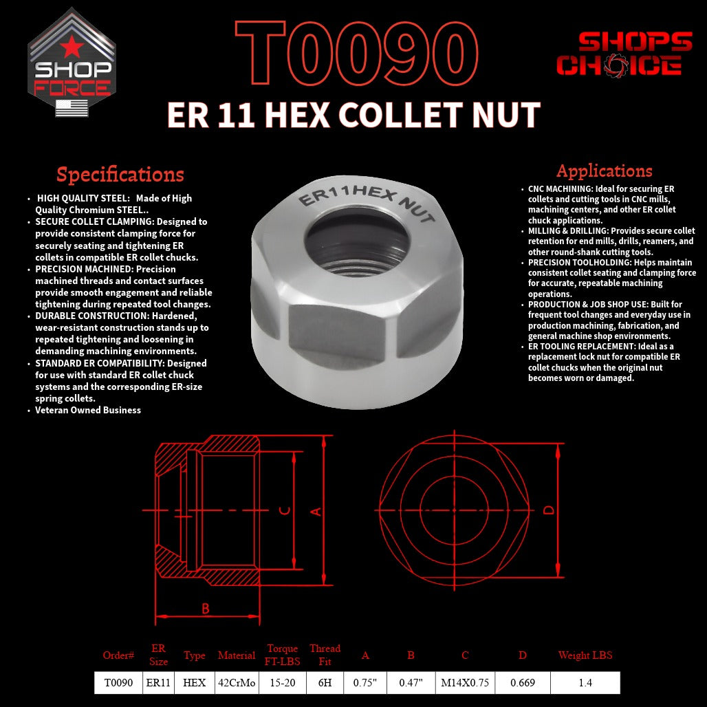 ER11 HEX LOCK NUT FOR ER COLLET CHUCK