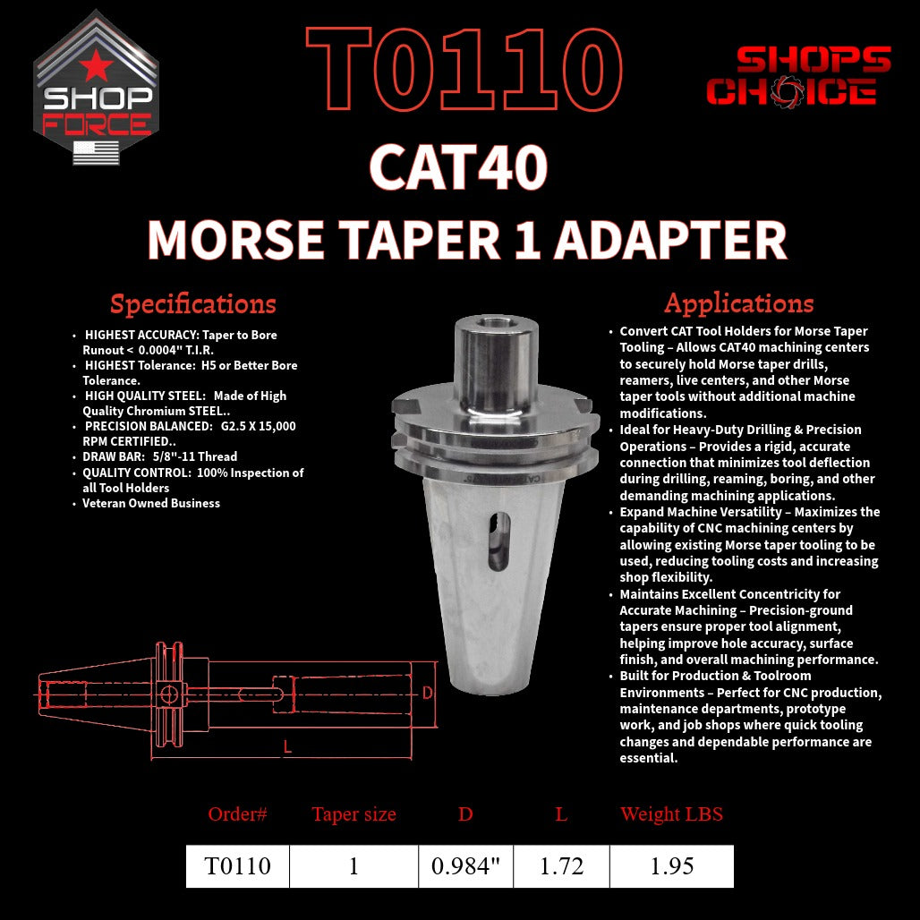CAT40 MORSE TAPER 1 ADAPTER   Shop'sChoice™