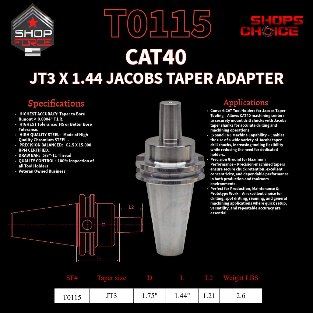 CAT40 JT3 X 1.44 JACOBS TAPER HOLDER
