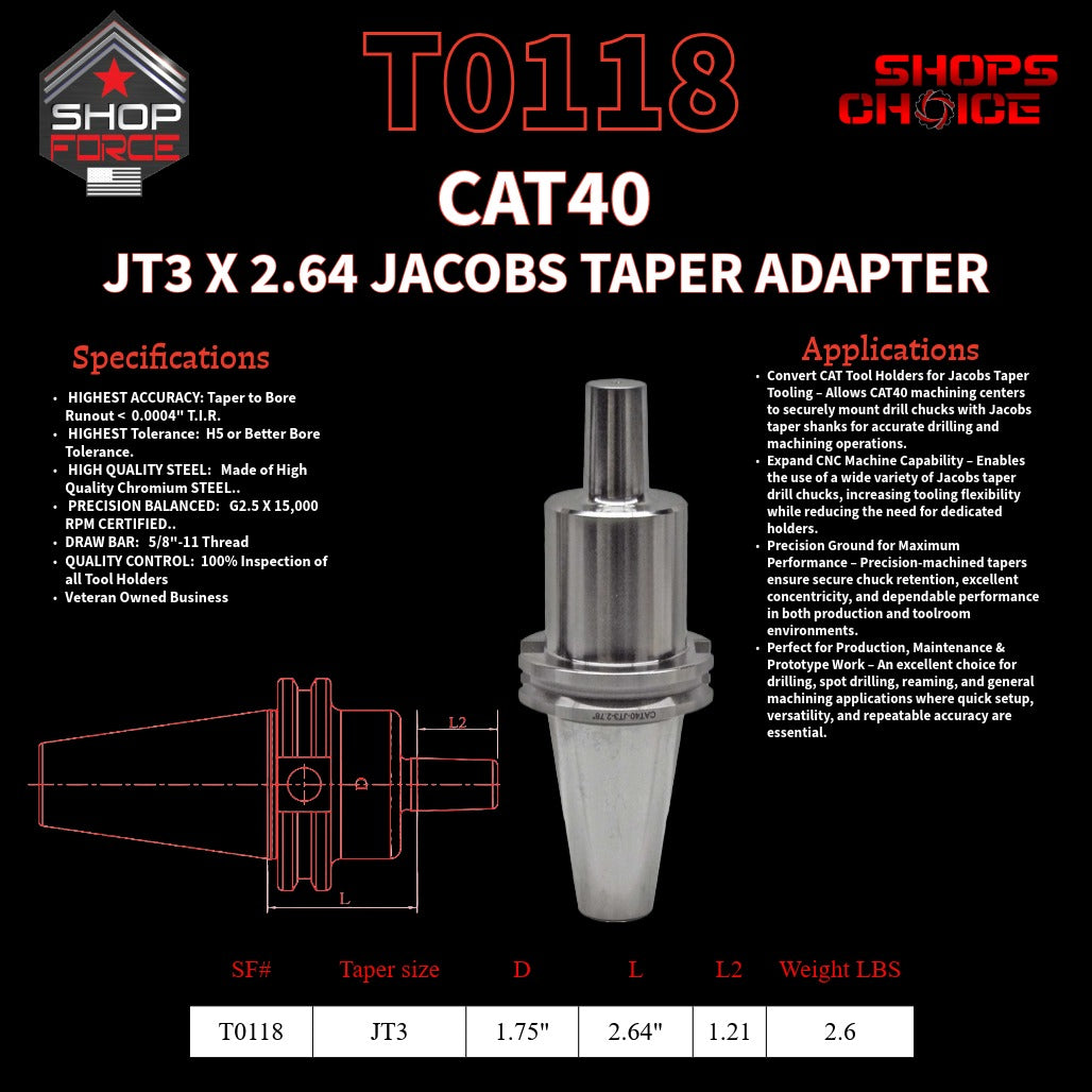 CAT40 JT3 X 2.64 JACOBS TAPER HOLDER
