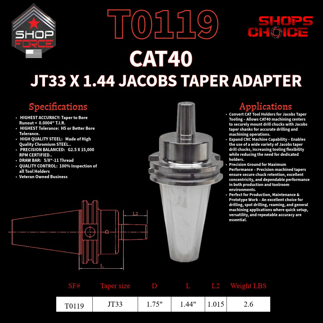 CAT40 JT33 X 1.44 JACOBS TAPER HOLDER