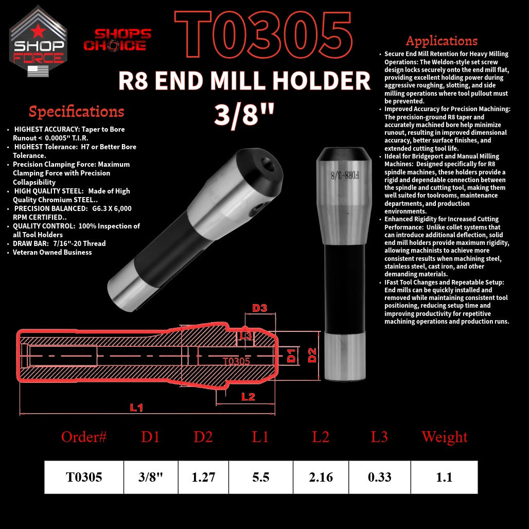 3/8 R8 END MILL HOLDER  Shop'sChoice™