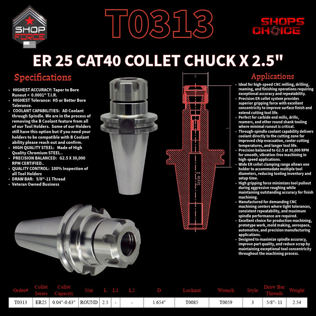 ER 25 CAT40 COLLET CHUCK X 2.5"  G2.5 X 30,000 RPM (0.0001 T.I.R.) With Round Nut Shop'sChoice™