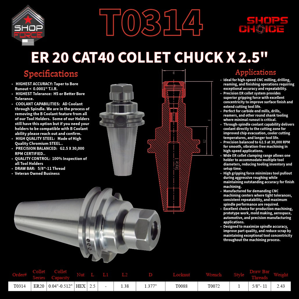 ER 20 CAT40 COLLET CHUCK X 2.5"  G2.5 X 30,000 RPM (0.0001 T.I.R.) With Hex Nut Shop'sChoice™