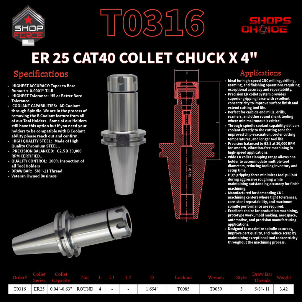 ER 25 CAT40 COLLET CHUCK X 4"  G2.5 X 30,000 RPM (0.0001 T.I.R.) With Round Nut Shop'sChoice™