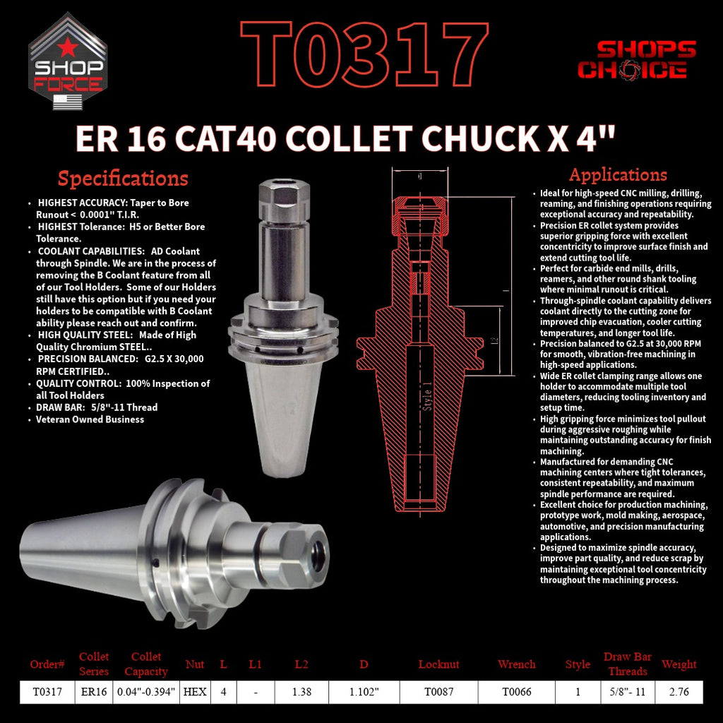 ER 16 CAT40 COLLET CHUCK X 4"  G2.5 X 30,000 RPM (0.0001 T.I.R.) With Hex Nut Shop'sChoice™