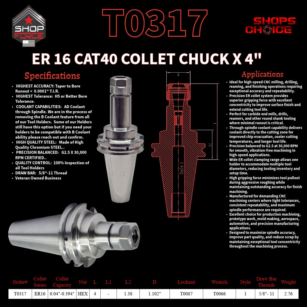 ER 16 CAT40 COLLET CHUCK X 4"  G2.5 X 30,000 RPM (0.0001 T.I.R.) With Hex Nut Shop'sChoice™