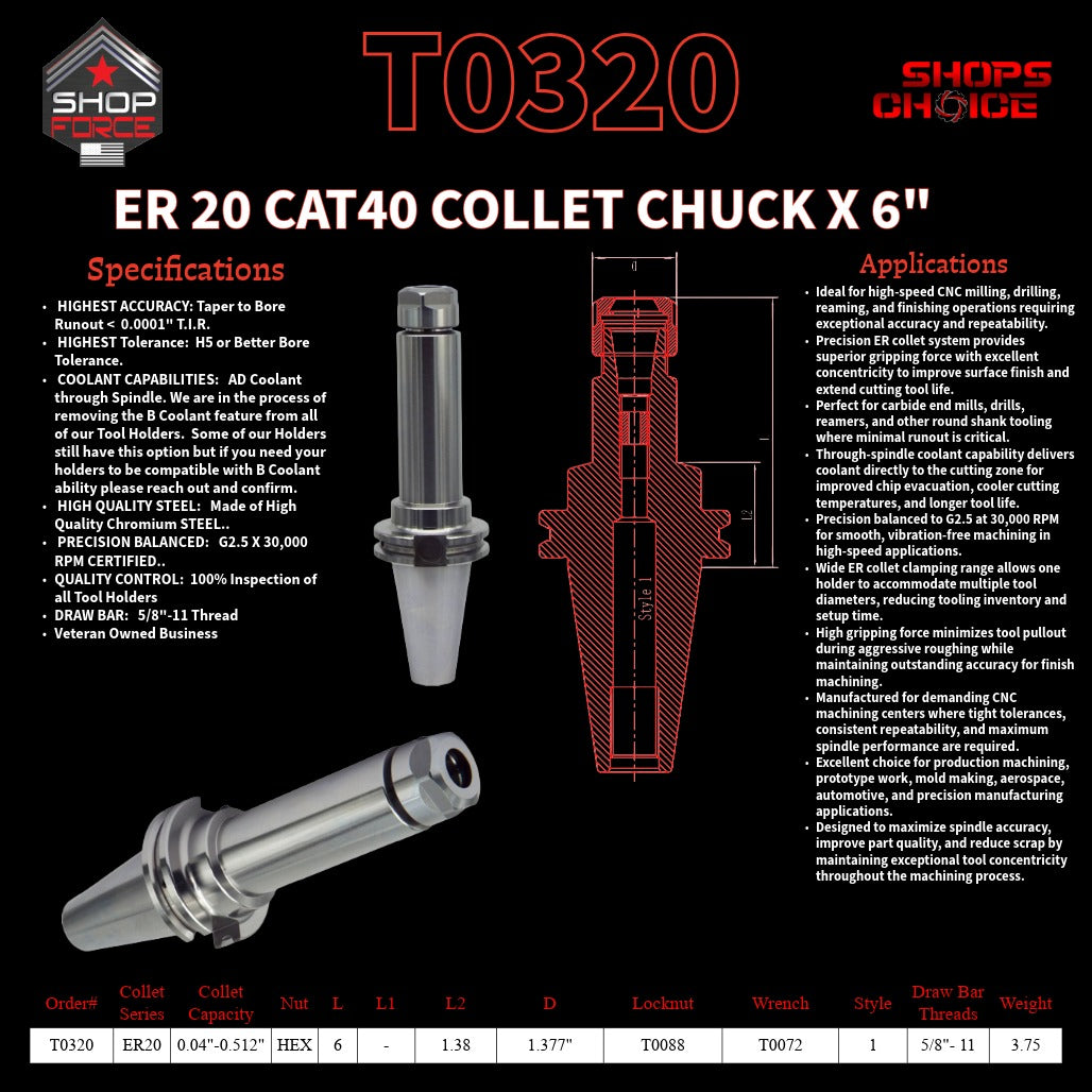 ER 20 CAT40 COLLET CHUCK X 6"  G2.5 X 30,000 RPM (0.0001 T.I.R.) With Hex Nut Shop'sChoice™