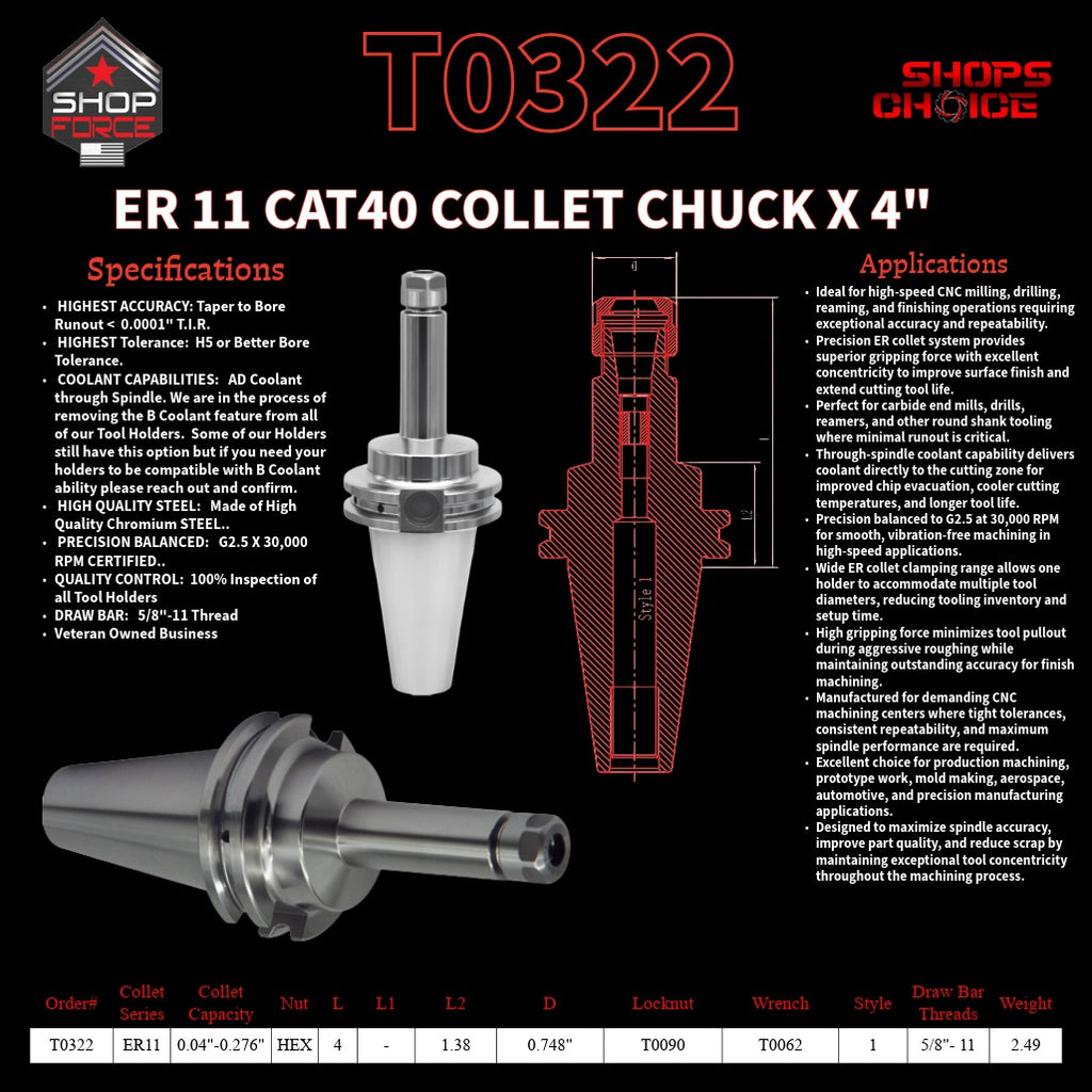 ER 11 CAT40 COLLET CHUCK X 4"  G2.5 X 30,000 RPM (0.0001 T.I.R.) With Hex Nut Shop'sChoice™