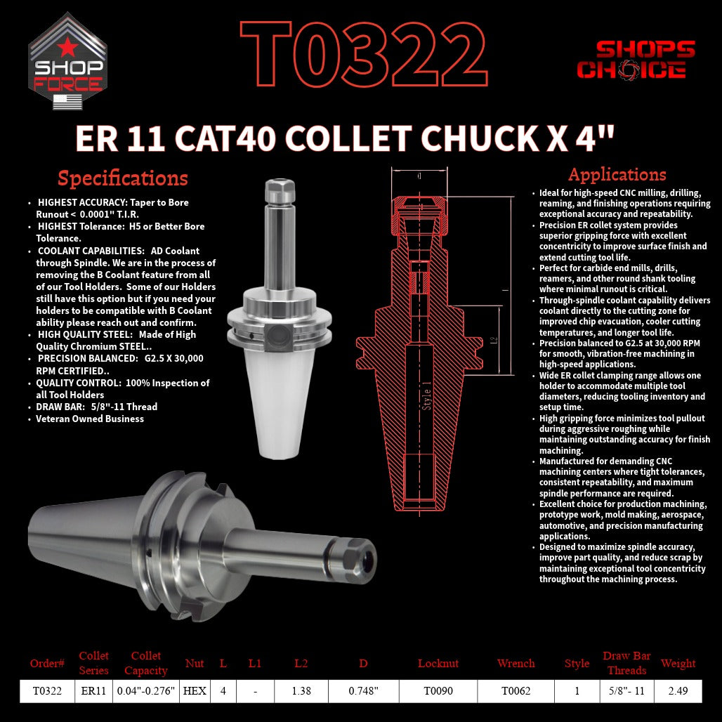ER 11 CAT40 COLLET CHUCK X 4"  G2.5 X 30,000 RPM (0.0001 T.I.R.) With Hex Nut Shop'sChoice™