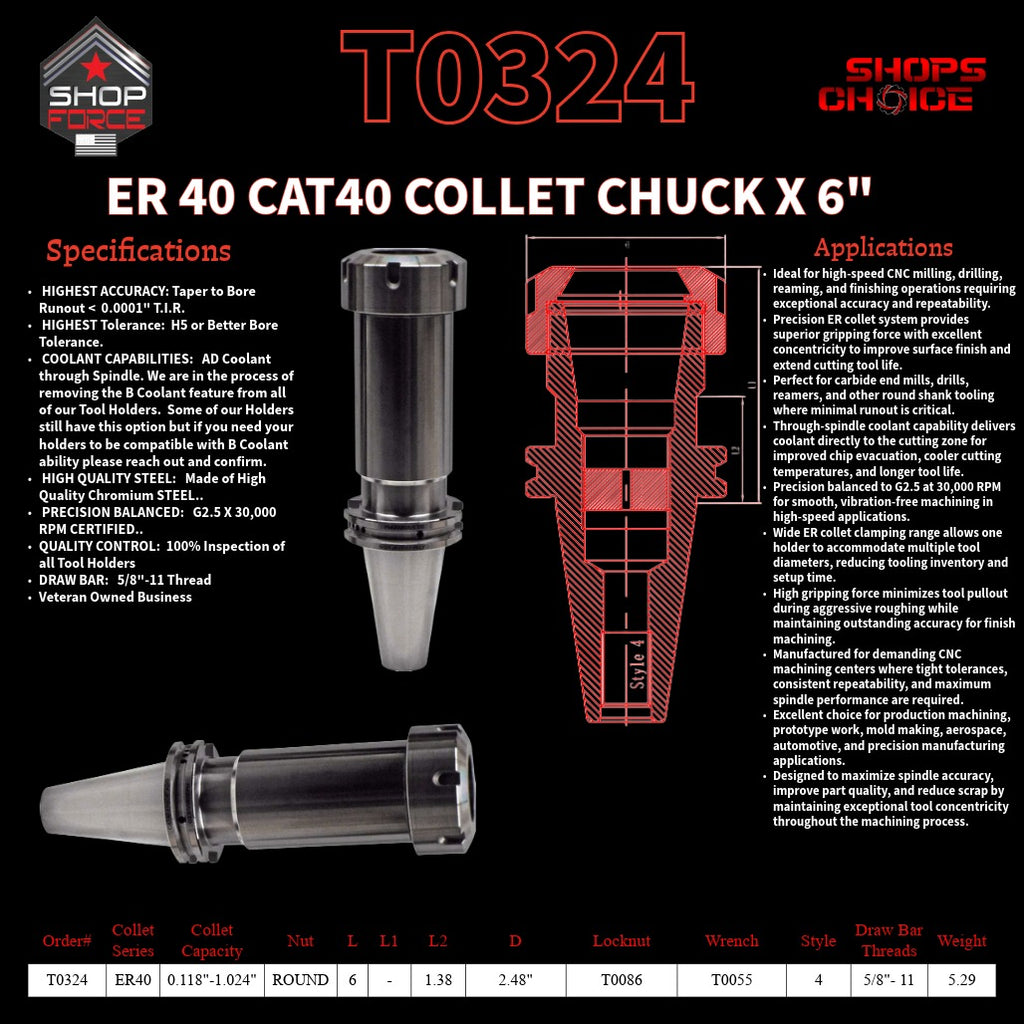 ER 40 CAT40 COLLET CHUCK X 6"  G2.5 X 30,000 RPM (0.0001 T.I.R.) With Round Nut Shop'sChoice™