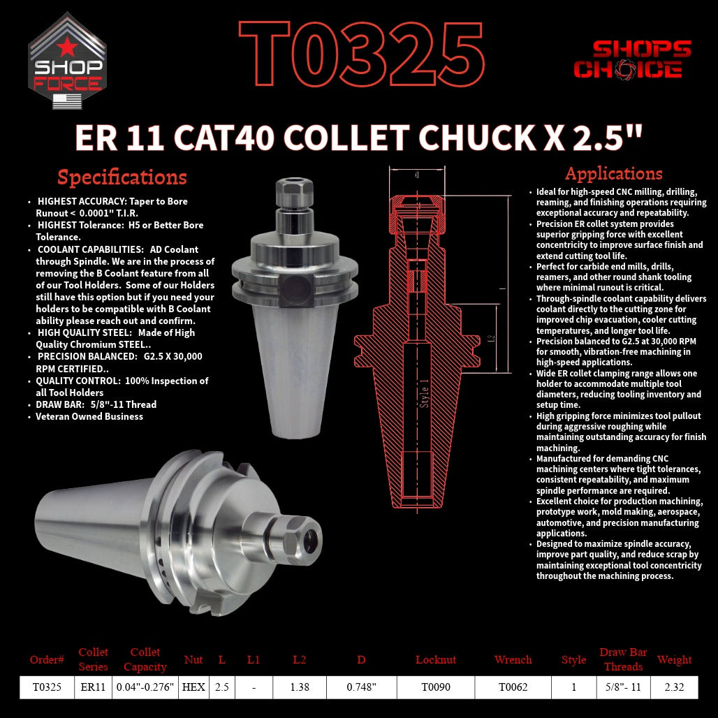 ER 11 CAT40 COLLET CHUCK X 2.5"  G2.5 X 30,000 RPM (0.0001 T.I.R.) With HEX NUT Shop'sChoice™