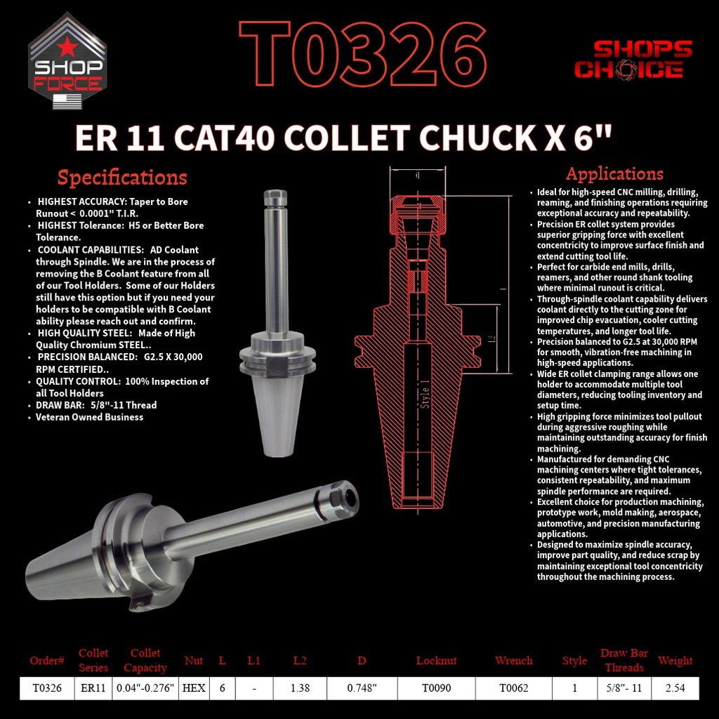 ER 11 CAT40 COLLET CHUCK X 6"  G2.5 X 30,000 RPM (0.0001 T.I.R.) With Hex Nut Shop'sChoice™