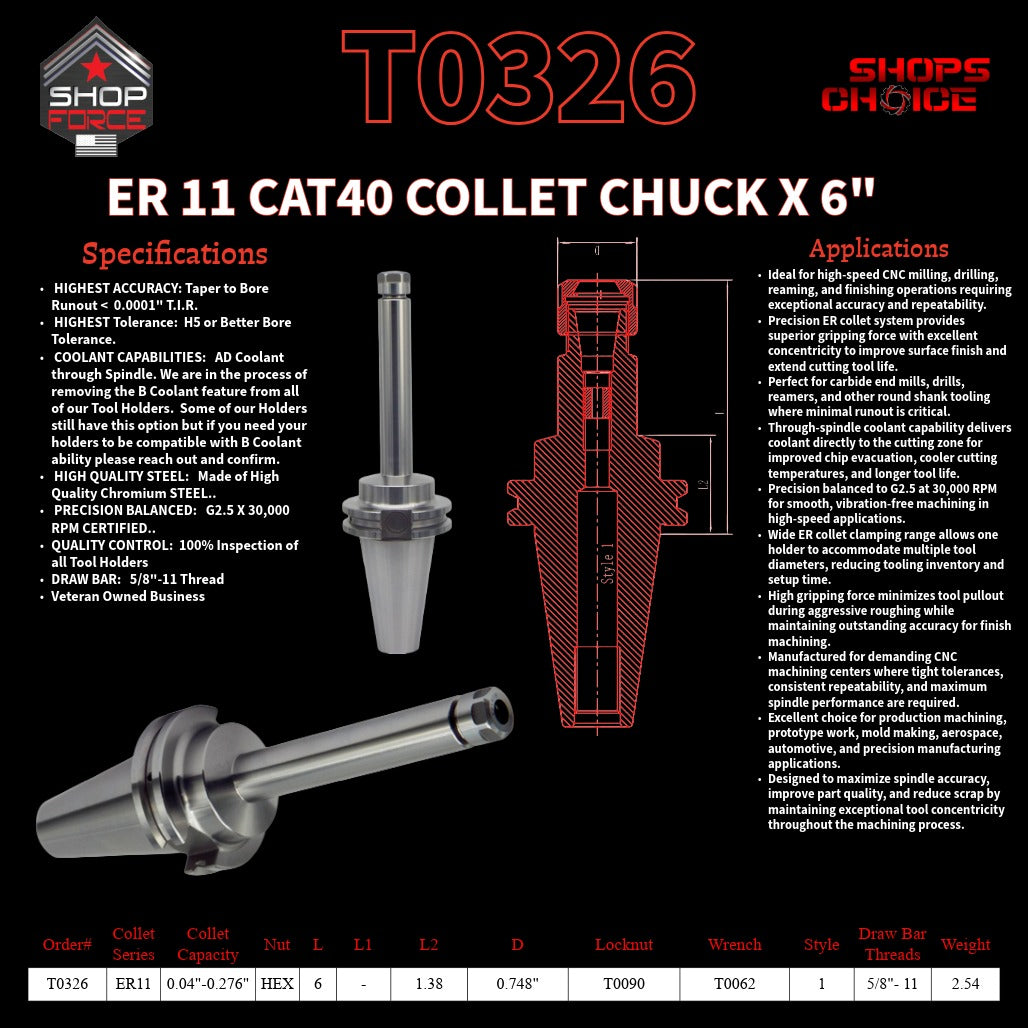 ER 11 CAT40 COLLET CHUCK X 6"  G2.5 X 30,000 RPM (0.0001 T.I.R.) With Hex Nut Shop'sChoice™