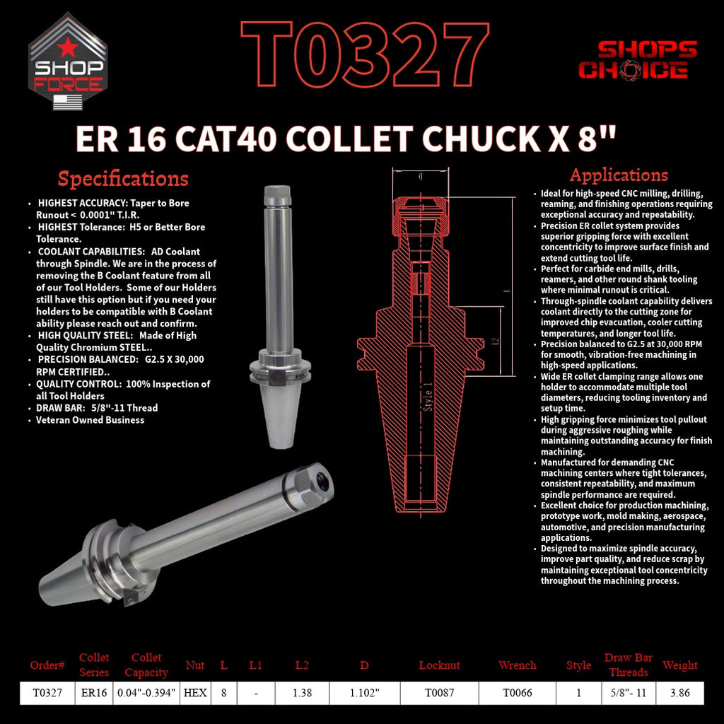 ER 16 CAT40 COLLET CHUCK X 8"  G2.5 X 30,000 RPM (0.0001 T.I.R.) With Hex Nut Shop'sChoice™