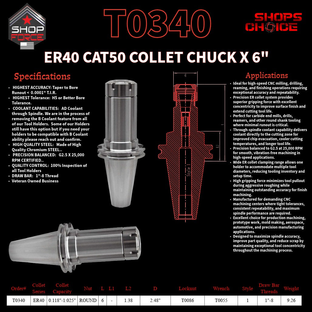 ER 40 CAT50 COLLET CHUCK X 6"  G2.5 X 25,000 RPM (0.0001 T.I.R.) With Round Nut Shop'sChoice™