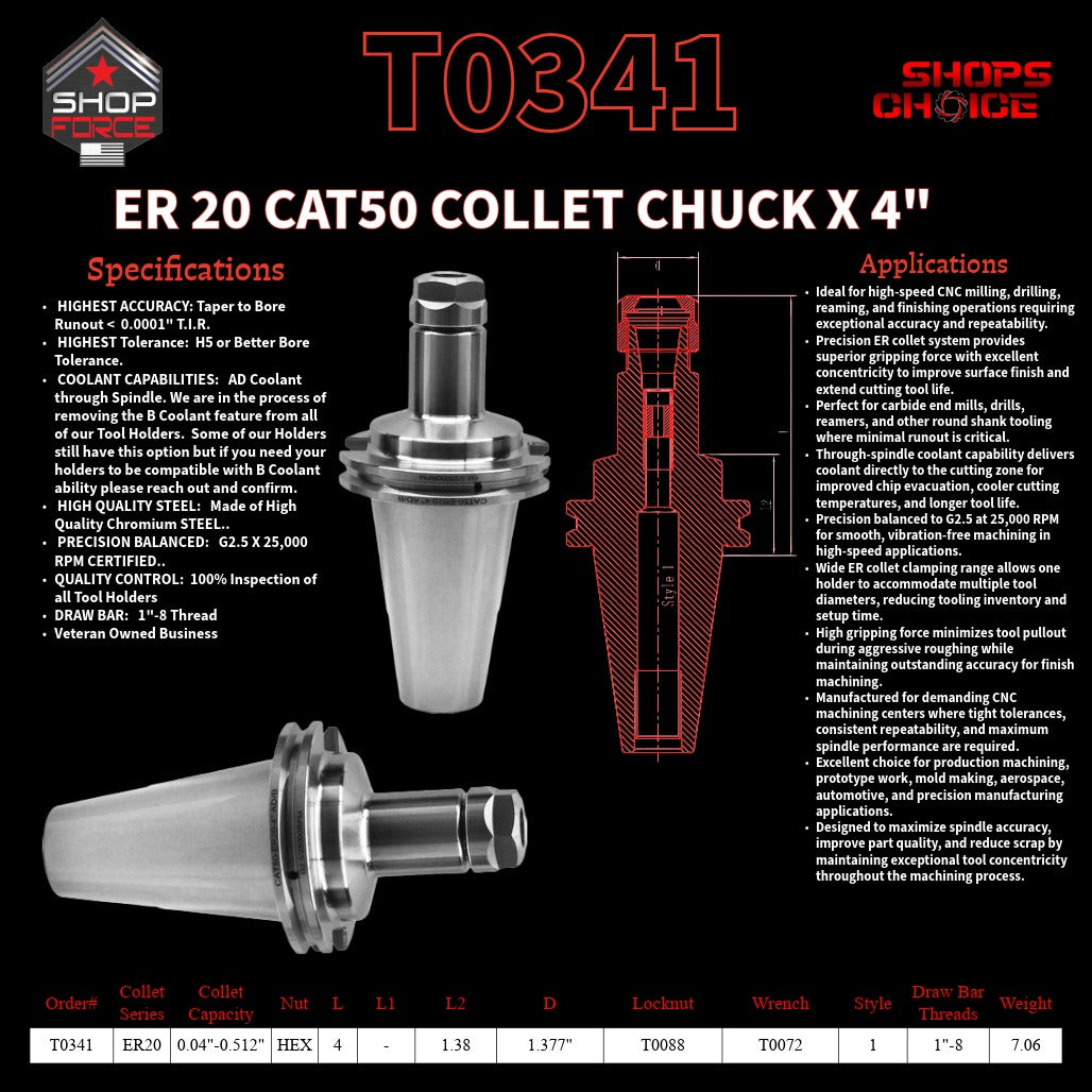 ER 20 CAT50 COLLET CHUCK X 4"  G2.5 X 25,000 RPM (0.0001 T.I.R.) With Hex Nut Shop'sChoice™