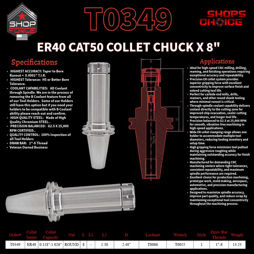 ER 40 CAT50 COLLET CHUCK X 8"  G2.5 X 25,000 RPM (0.0001 T.I.R.) With Round Nut Shop'sChoice™