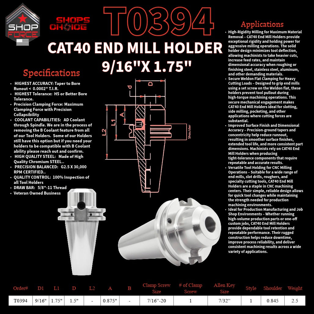 6. Durable end mill holder with adjustable clamp sizes for precise machining - Shop Force CAT40 tools for optimal performance.