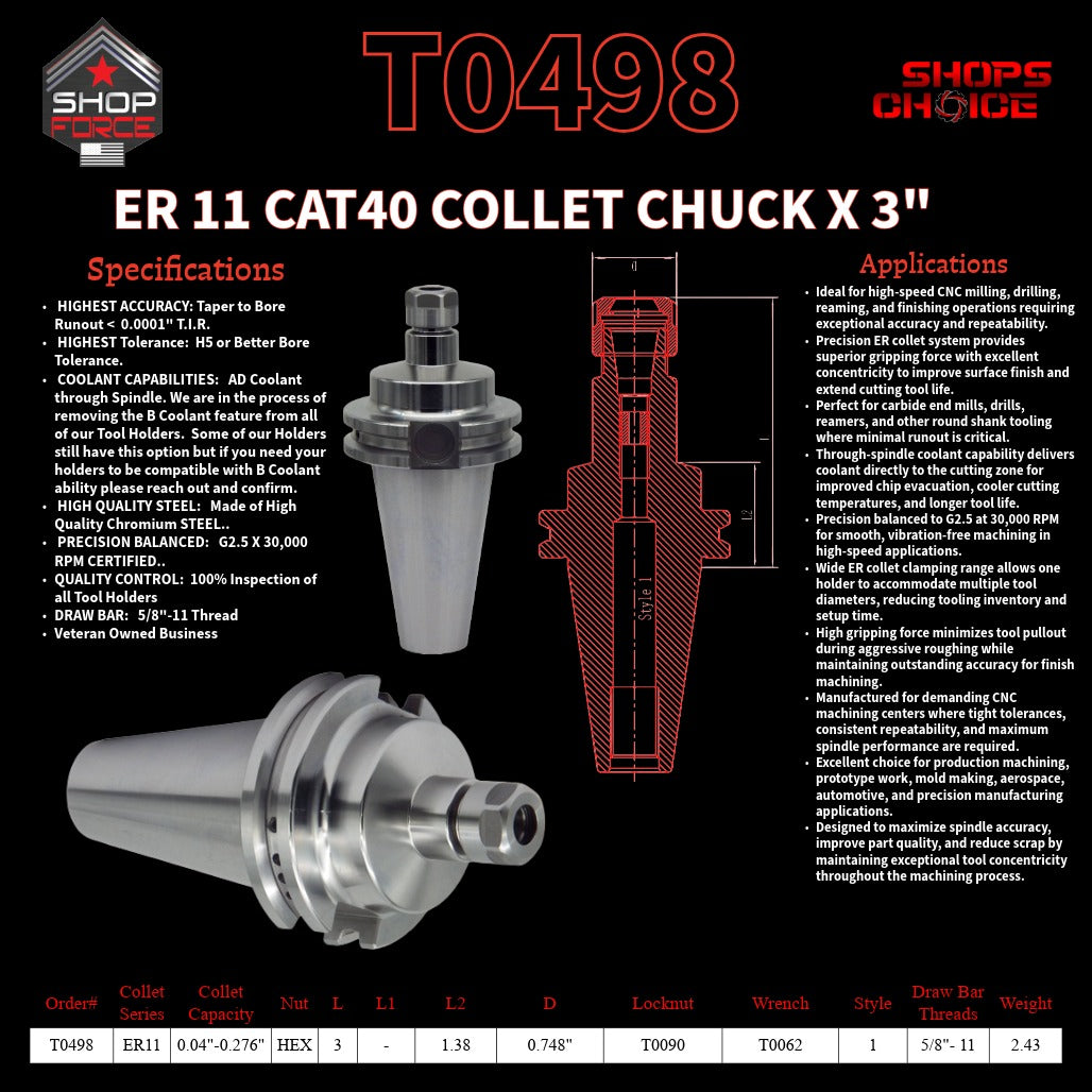 ER 11 CAT40 COLLET CHUCK X 3"  G2.5 X 30,000 RPM (0.0001 T.I.R.) With Hex Nut Shop'sChoice™