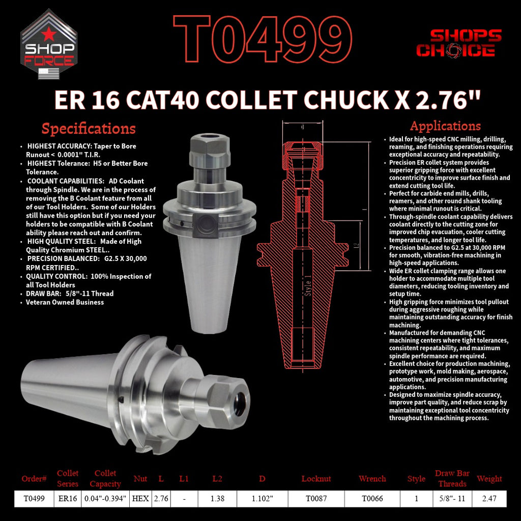 ER 16 CAT40 COLLET CHUCK X 2.76"  G2.5 X 30,000 RPM (0.0001 T.I.R.) With Hex Nut Shop'sChoice™