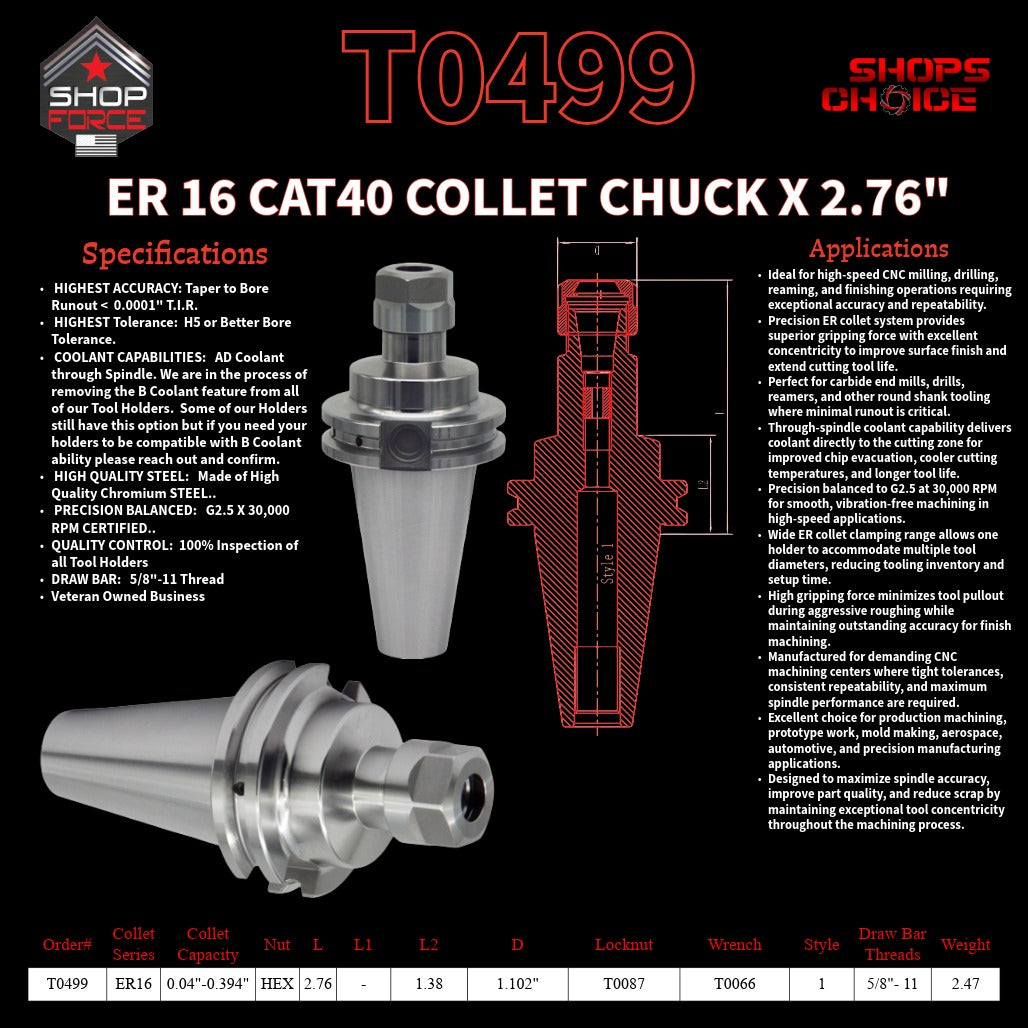 ER 16 CAT40 COLLET CHUCK X 2.76"  G2.5 X 30,000 RPM (0.0001 T.I.R.) With Hex Nut Shop'sChoice™