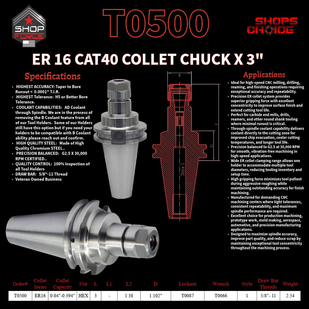 ER 16 CAT40 COLLET CHUCK X 3"  G2.5 X 30,000 RPM (0.0001 T.I.R.) With Hex Nut Shop'sChoice™