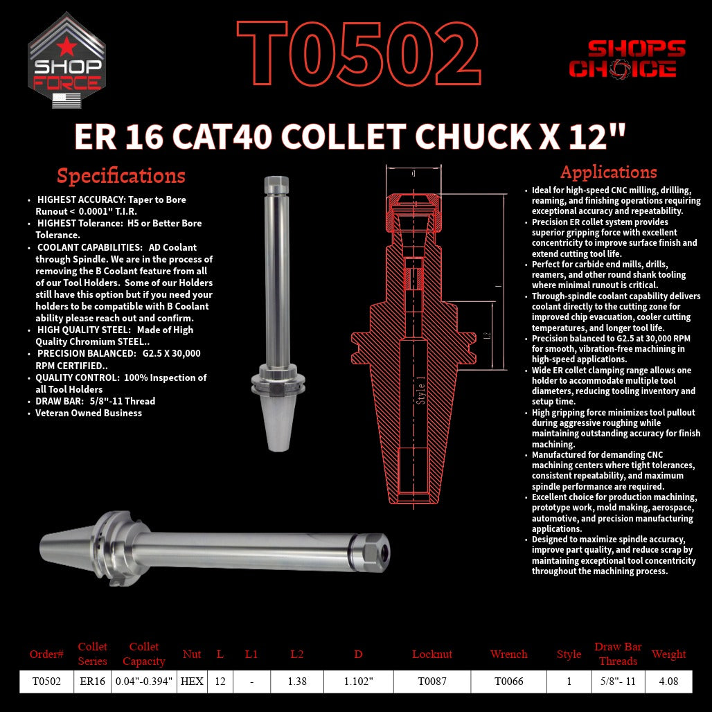 ER 16 CAT40 COLLET CHUCK X 12"  G2.5 X 30,000 RPM (0.0001 T.I.R.) With Hex Nut Shop'sChoice™
