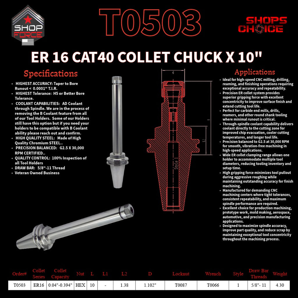 ER 16 CAT40 COLLET CHUCK X 10"  G2.5 X 30,000 RPM (0.0001 T.I.R.) With Hex Nut Shop'sChoice™