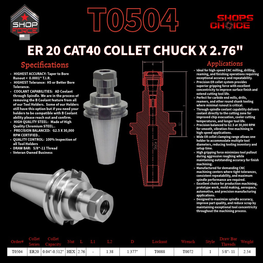 ER 20 CAT40 COLLET CHUCK X 2.76"  G2.5 X 30,000 RPM (0.0001 T.I.R.) With Hex Nut Shop'sChoice™