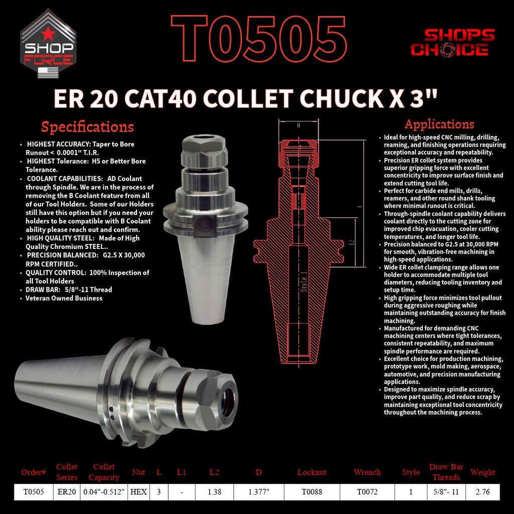 ER 20 CAT40 COLLET CHUCK X 3"  G2.5 X 30,000 RPM (0.0001 T.I.R.) With Hex Nut Shop'sChoice™