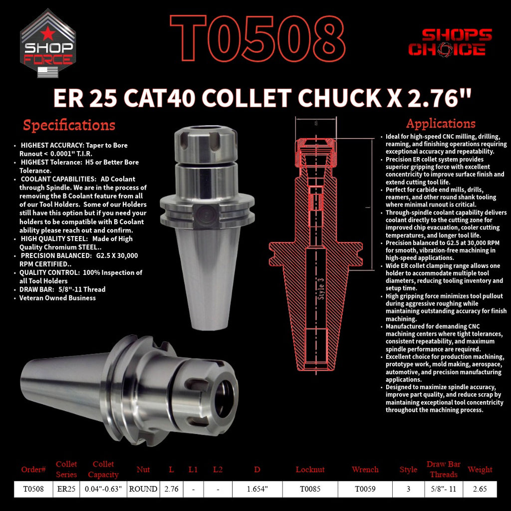 ER 25 CAT40 COLLET CHUCK X 2.76"  G2.5 X 30,000 RPM (0.0001 T.I.R.) With Round Nut Shop'sChoice™