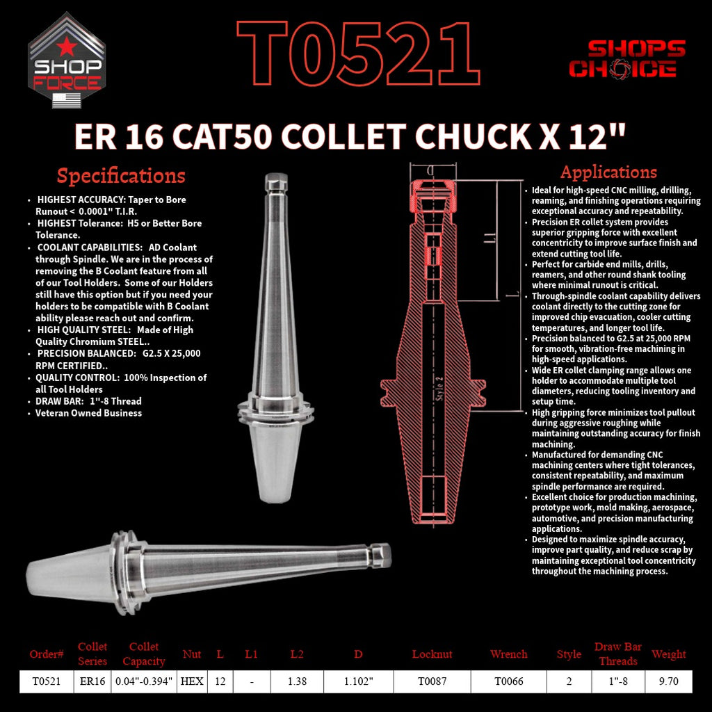 ER 16 CAT50 COLLET CHUCK X 12"  G2.5 X 25,000 RPM (0.0001 T.I.R.) With Hex Nut Shop'sChoice™