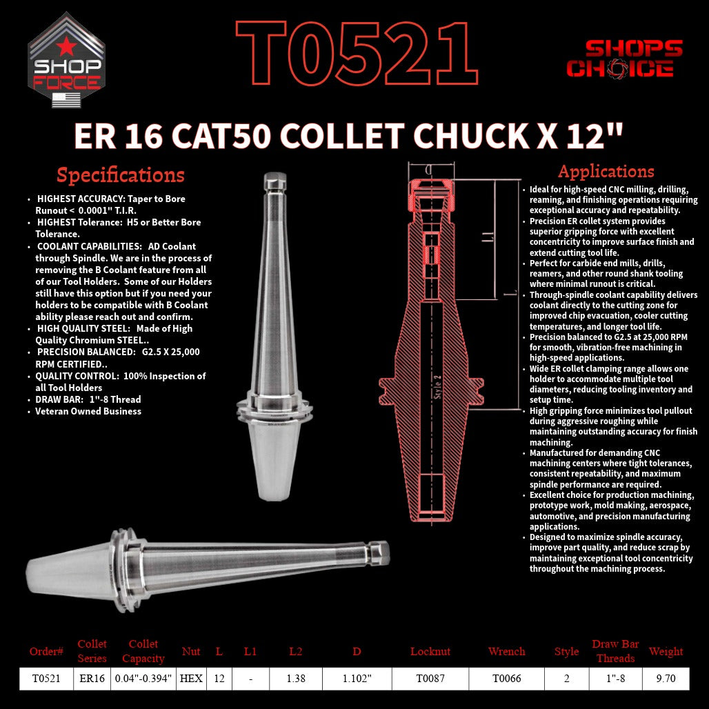 ER 16 CAT50 COLLET CHUCK X 12"  G2.5 X 25,000 RPM (0.0001 T.I.R.) With Hex Nut Shop'sChoice™