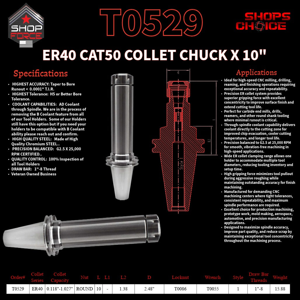 ER 40 CAT50 COLLET CHUCK X 10"  G2.5 X 25,000 RPM (0.0001 T.I.R.) With Round Nut Shop'sChoice™
